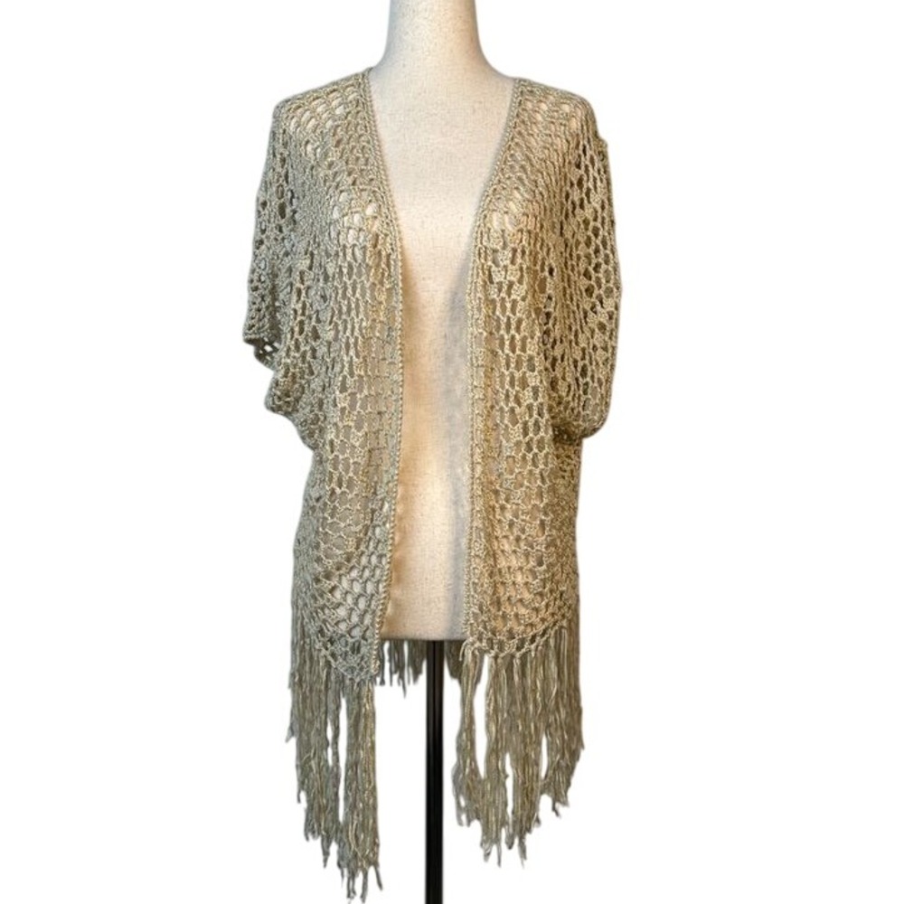 POL cardigan beach cover up open knit open front fringe crochet Size: Small